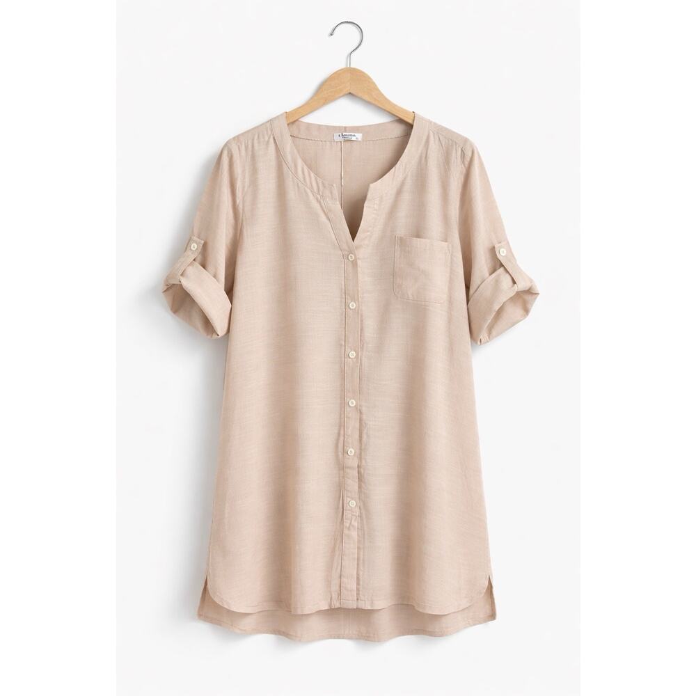 Ekouaer Beige Button Up Lounge Shirt size M NWT